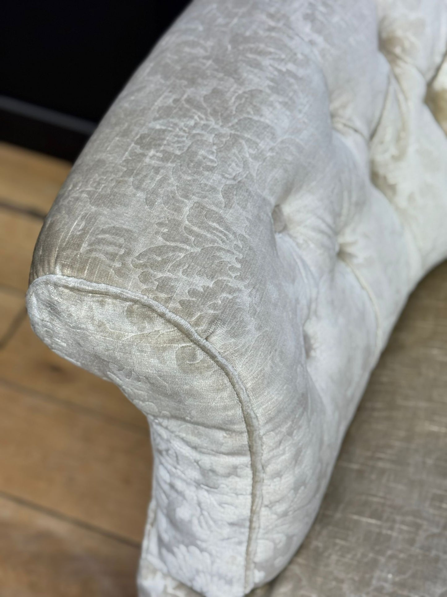 Late Victorian Walnut Button Back Sofa – Scroll Arm Upholstered Settee