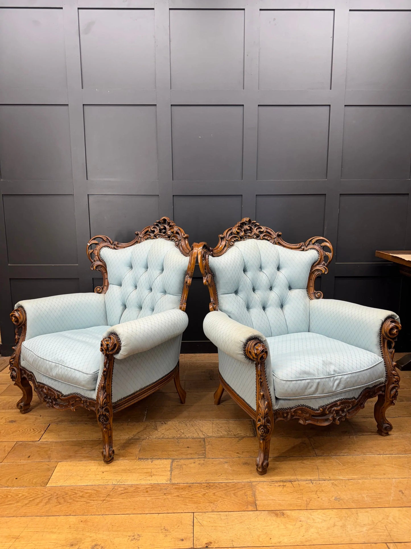 Pair Vintage Armchairs French Louis XV Style Rococo Carved Wood Upholstered