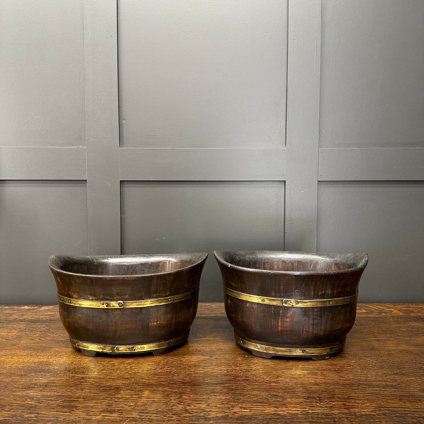 A pair of brass coopered stained pine jardinieres /Plant Pots /Fruit Bread Bowls