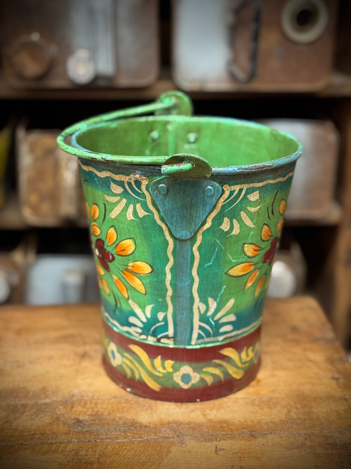 Vintage Small Hand Painted Bucket / Plant Pot / Herb Planter /Green /Red / Pail