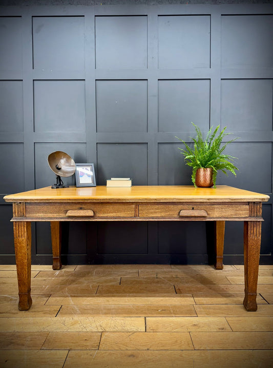 Antique Large Solid Oak Desk Writing / Library Table 2 Drawers Office Furniture