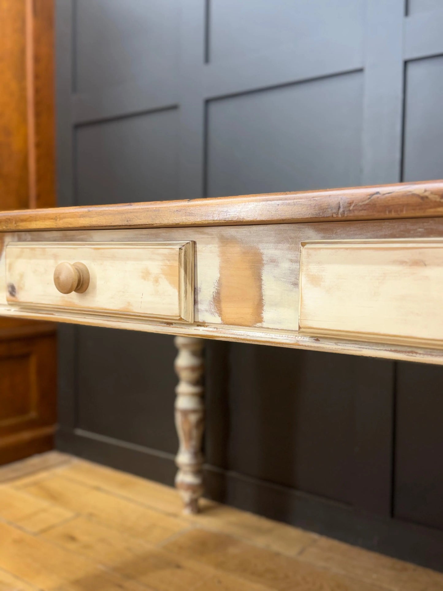 Vintage Solid Pine Farmhouse Kitchen Dining Table 2 Drawer Desk