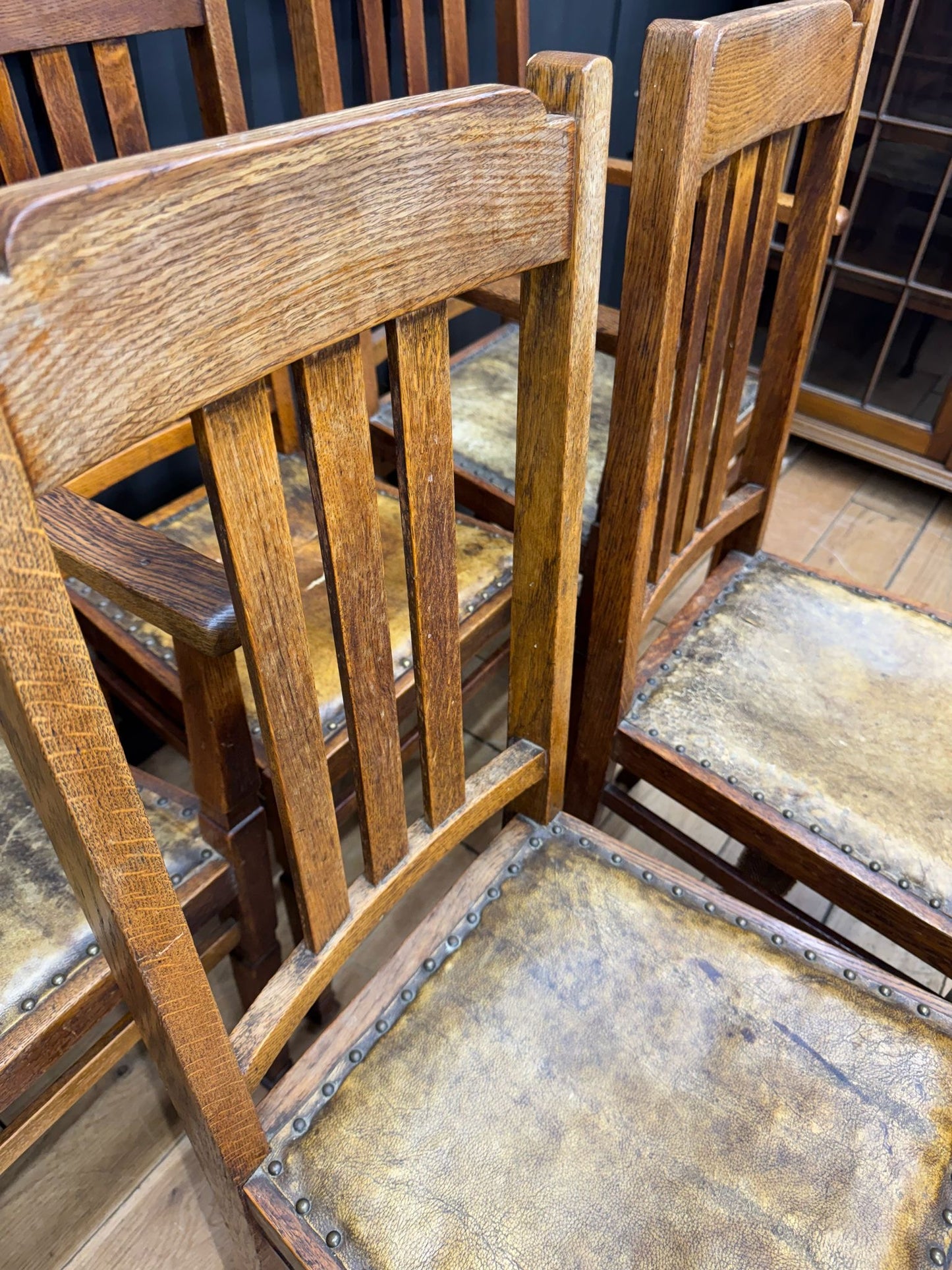 Set Of 6 Antique Arts & Crafts Oak Dining Chairs /Kitchen Chairs For Reupholster