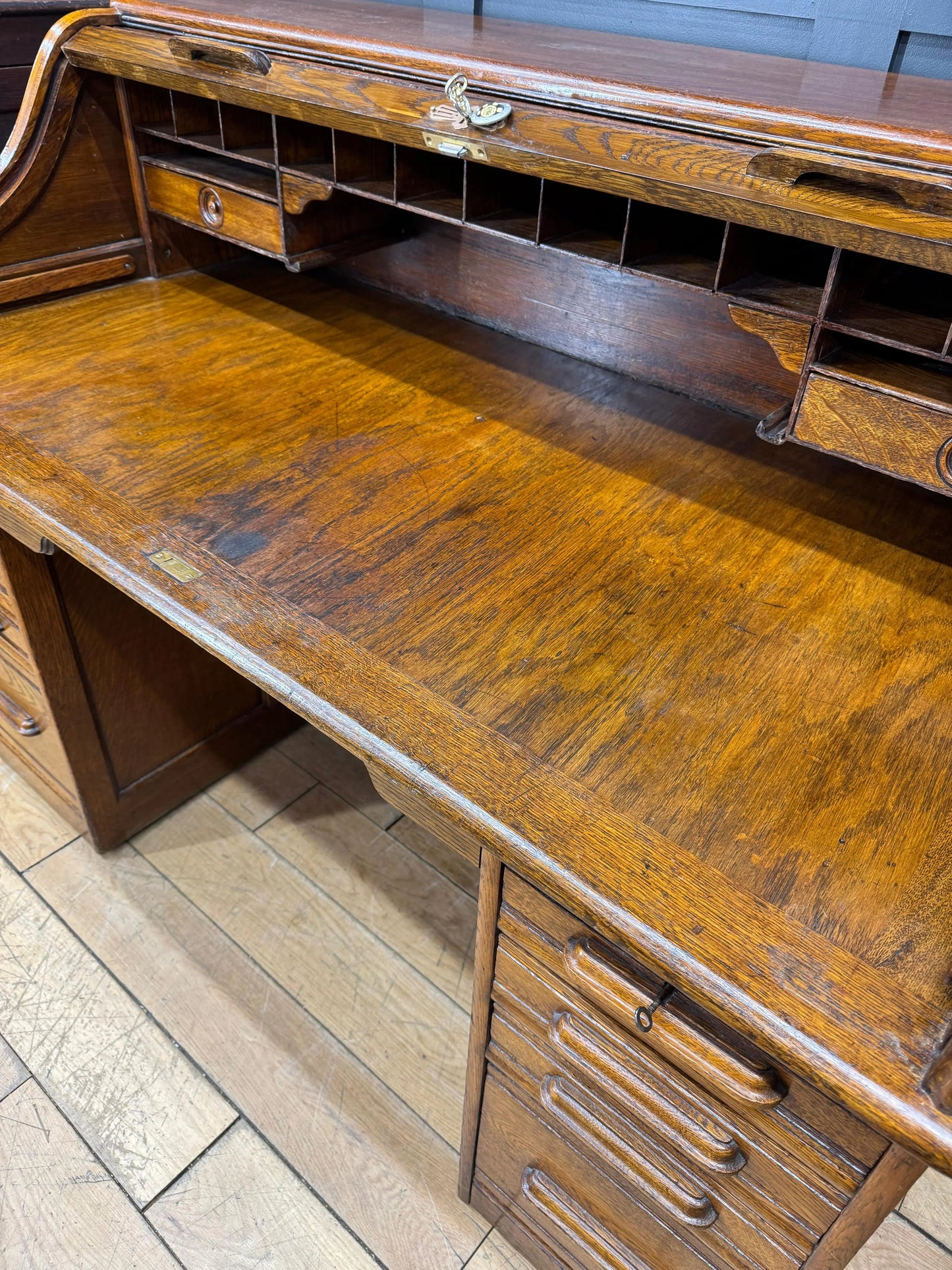 Edwardian Oak Roll Top Pedestal Desk Writing Desk With Fitted Interior RUSTIC WAREHOUSE NORFOLK