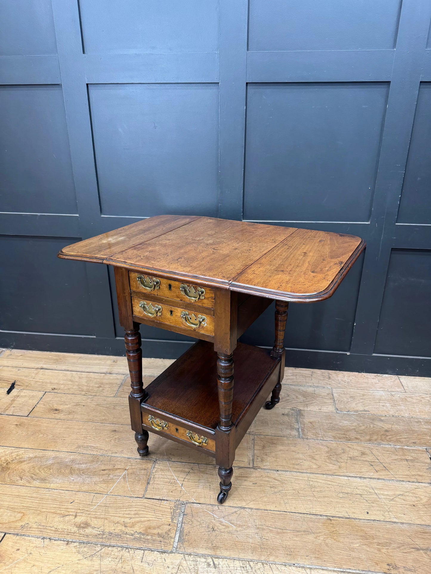 Regency Mahogany and Walnut Drop Leaf Side Lamp Table with Three Drawers