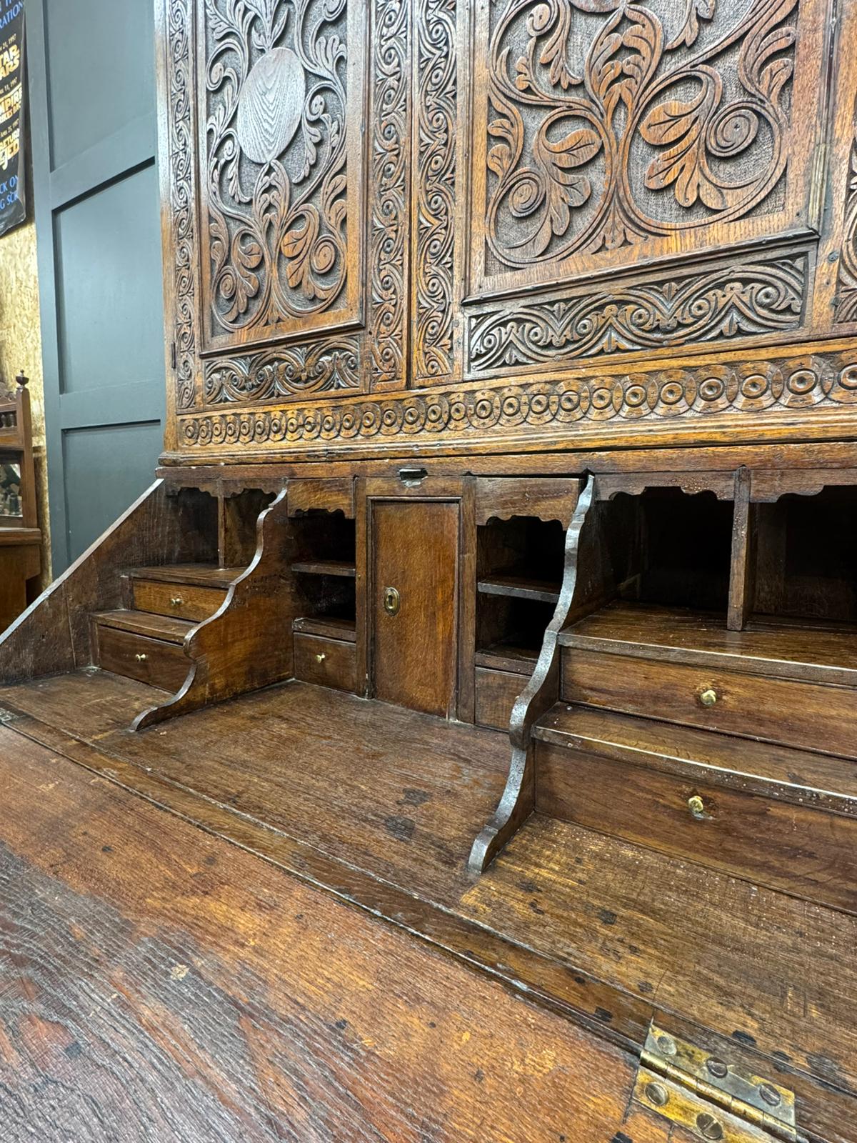 Antique Carved Oak Bureau Bookcase – Decorative Oak Writing Desk