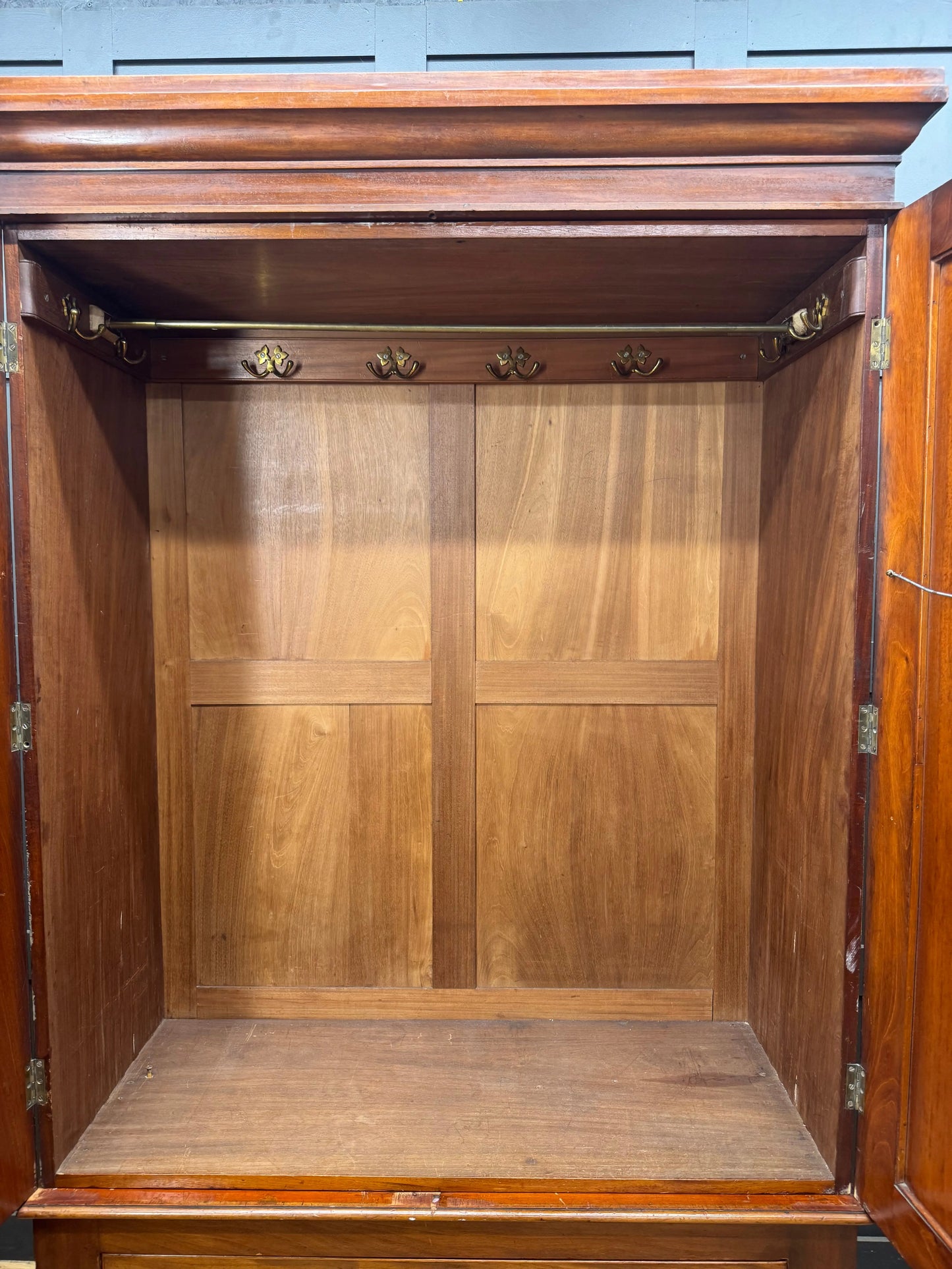 Antique Victorian Flame Mahogany Double Wardrobe Armoire Linen Cupboard Drawer