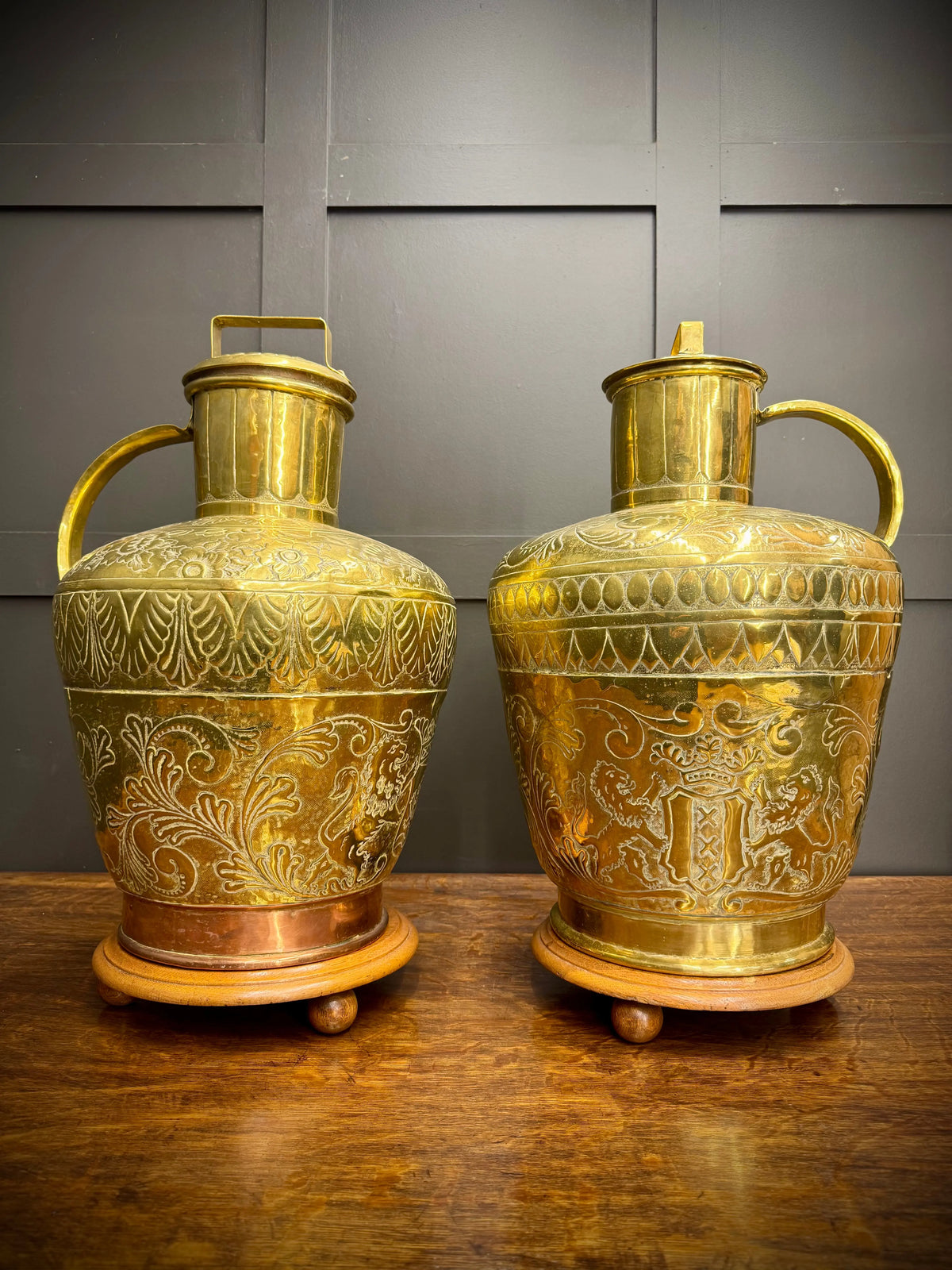 Antique Pair Large 19th Century Dutch Brass Floor Vases Jugs Urns  Display Decor