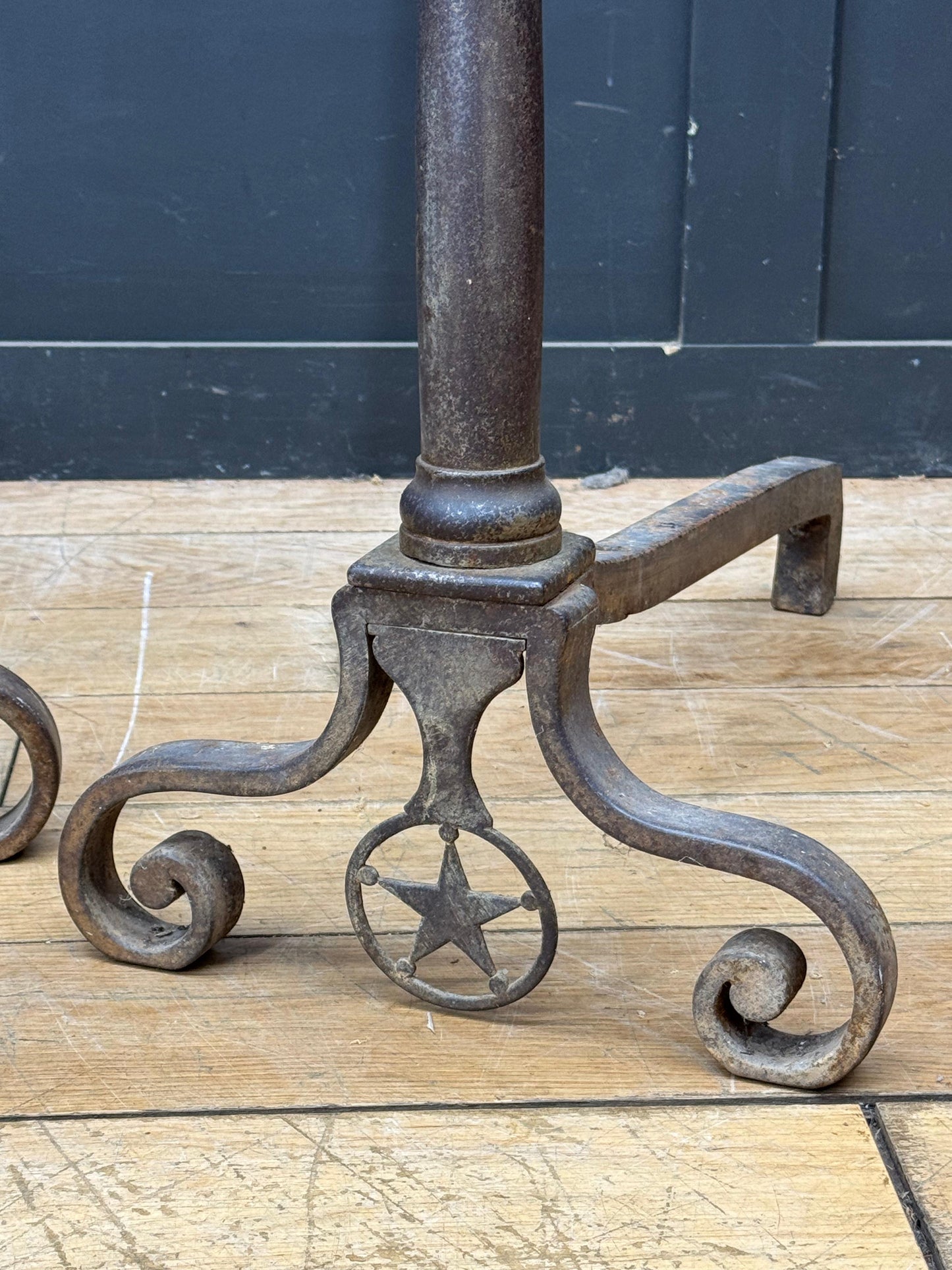 Large Pair Antique Cast Iron Fire Dogs Andirons Fireplace Scroll Supports c1900