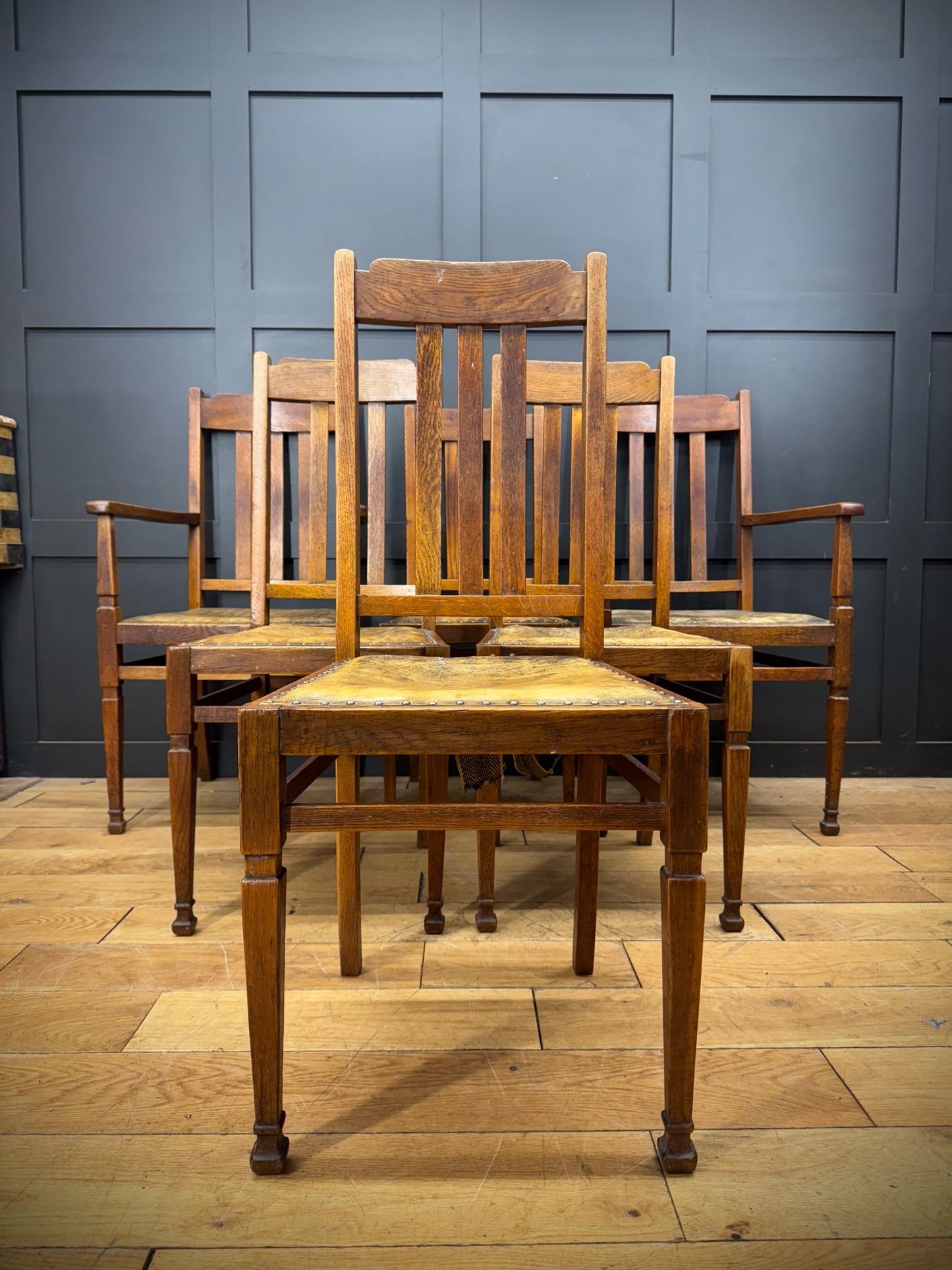 Set Of 6 Antique Arts & Crafts Oak Dining Chairs /Kitchen Chairs For Reupholster