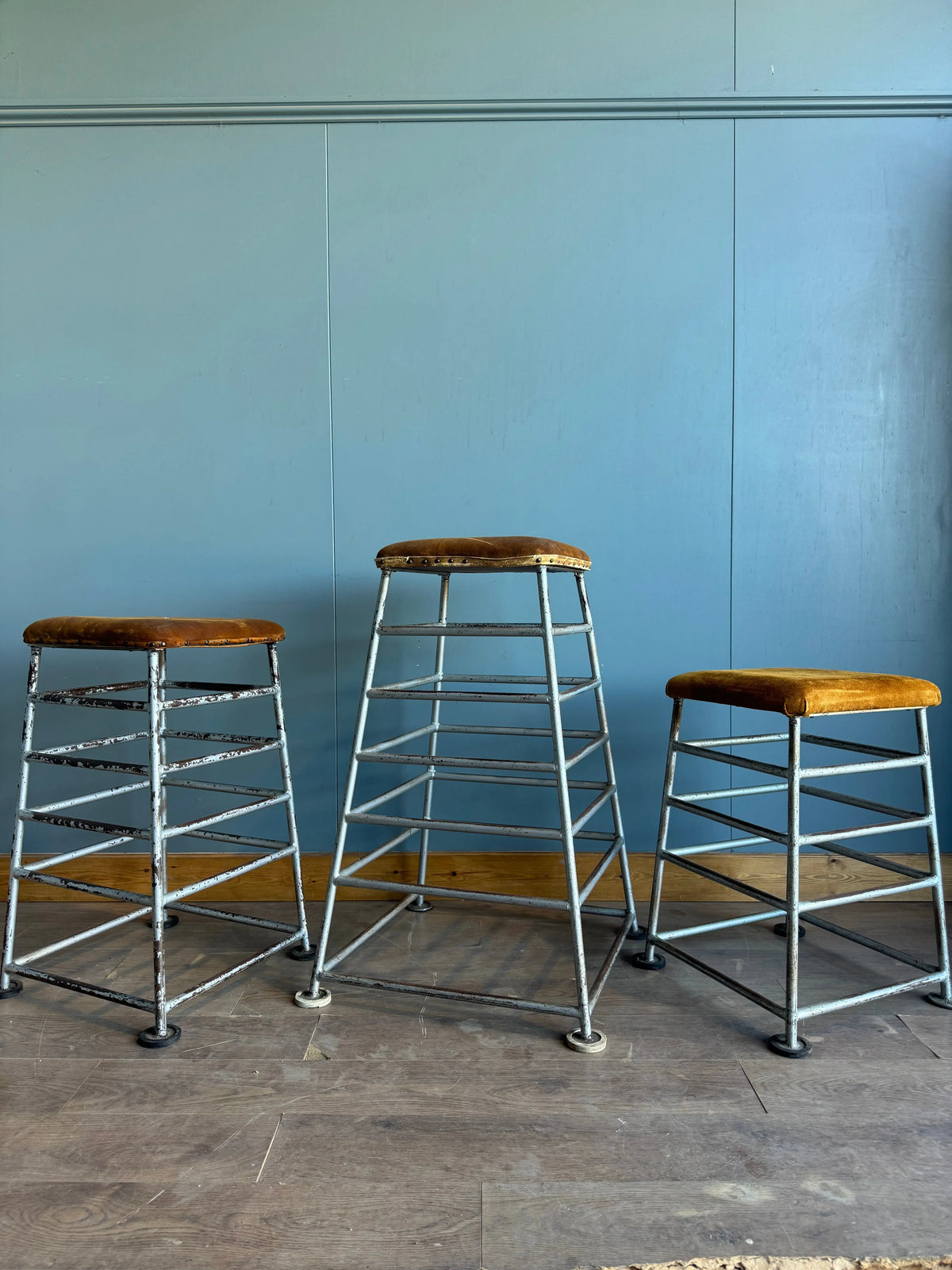Vintage Industrial School Gym Parkour Stools Set of 3 PE Equipment Bar Seating