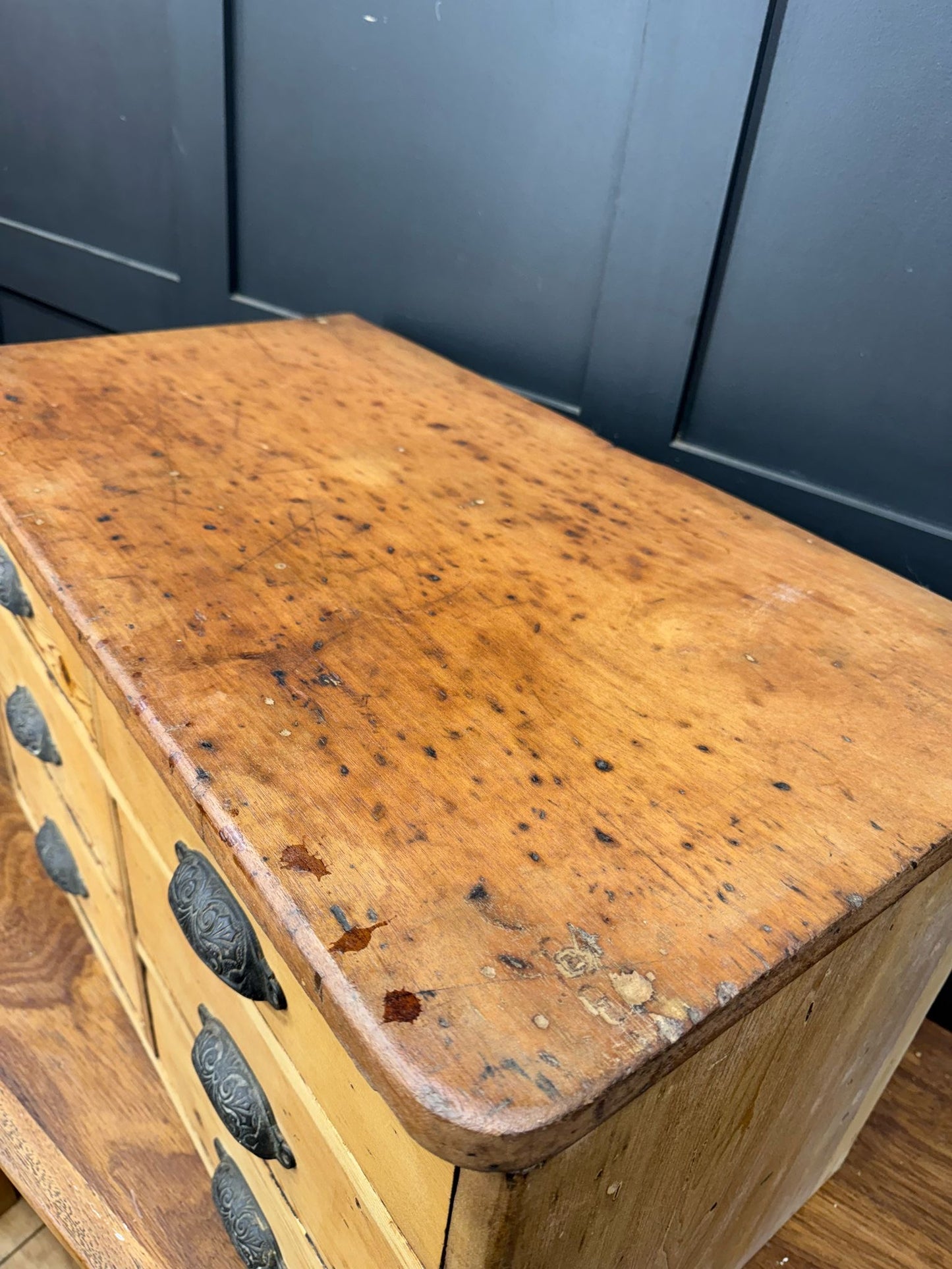 Antique Pine Table Top Chest Of Drawers /Factory Craft Jewellery Sewing Storage