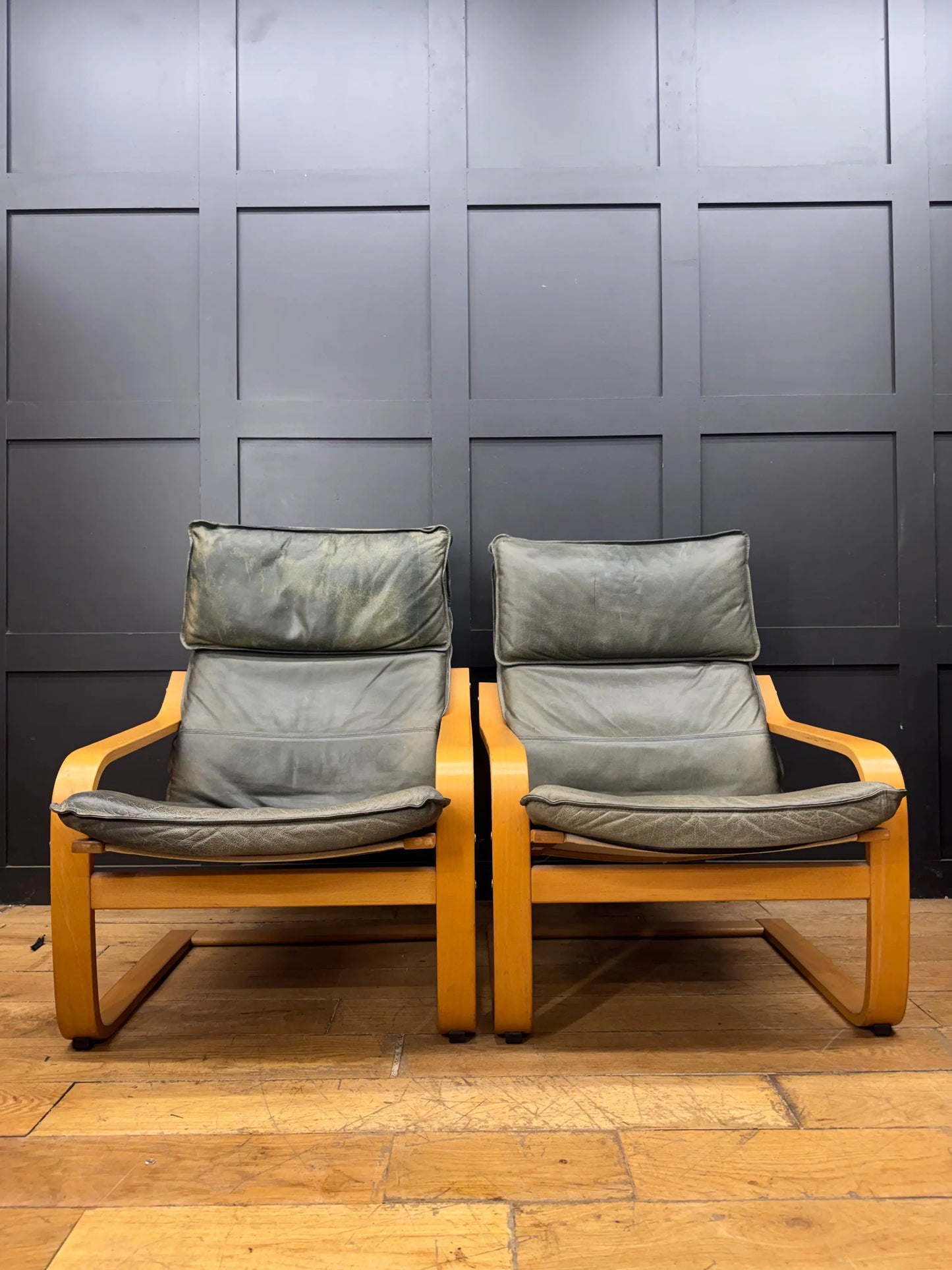 Pair of Vintage IKEA Poäng Green Leather Bentwood Armchairs – Retro Mid-Century