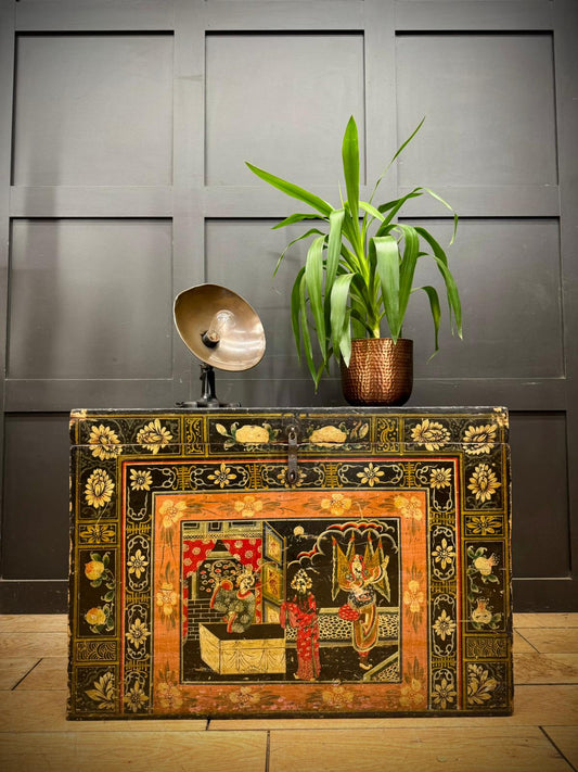 Antique Chinese Painted Opera Chest Lacquered Trunk Chest Coffee Table (A)