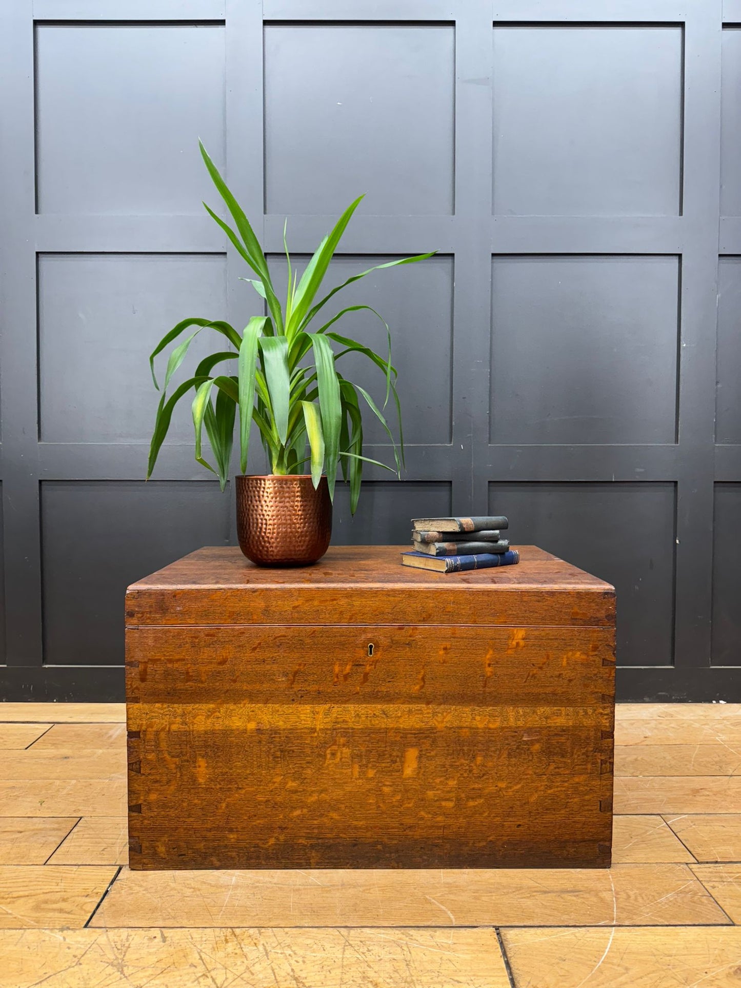 Antique Oak Box Trunk Chest Coffee Table Storage Brass Handles Campaign Style