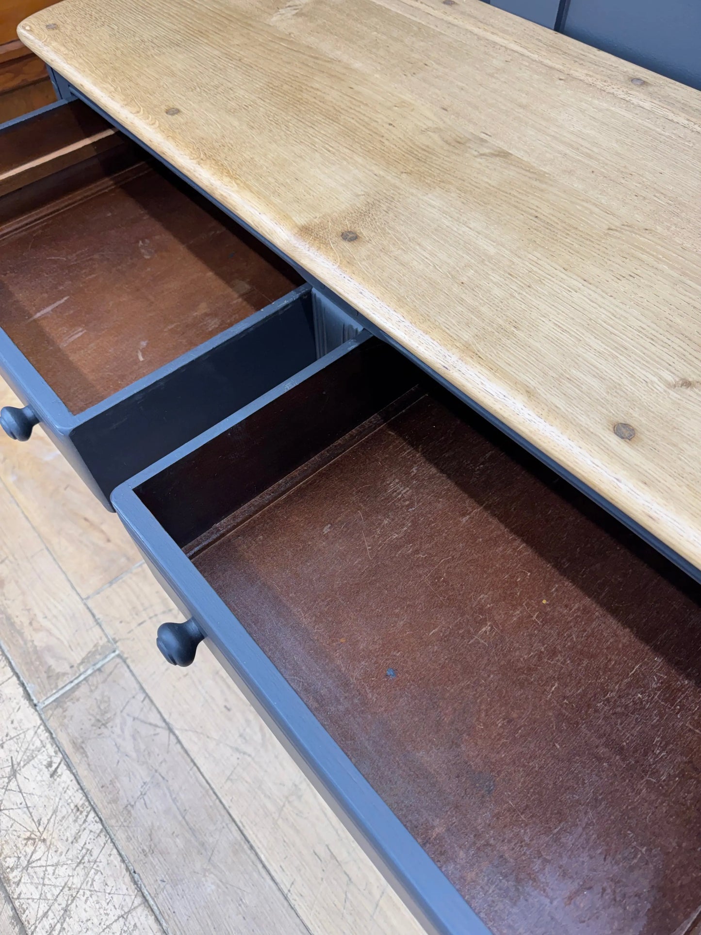 Vintage Ercol Painted Sideboard Black Storage Cabinet Cupboard Drawers Natural Top