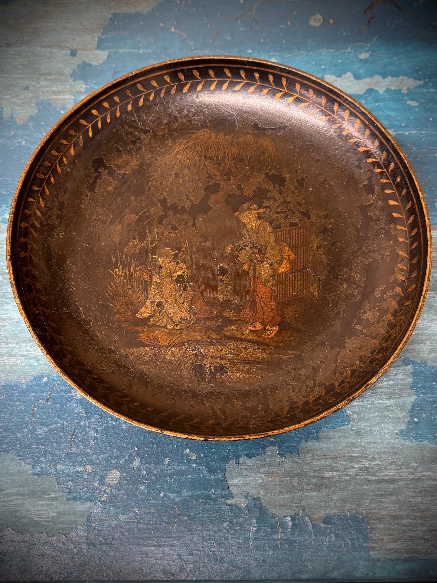Antique 19th.C Papier-Mâché Lacquered Chinese Tray Plate Bowl / Chinoiserie A