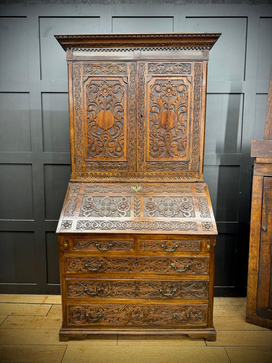 Antique Carved Oak Bureau Bookcase – Decorative Oak Writing Desk