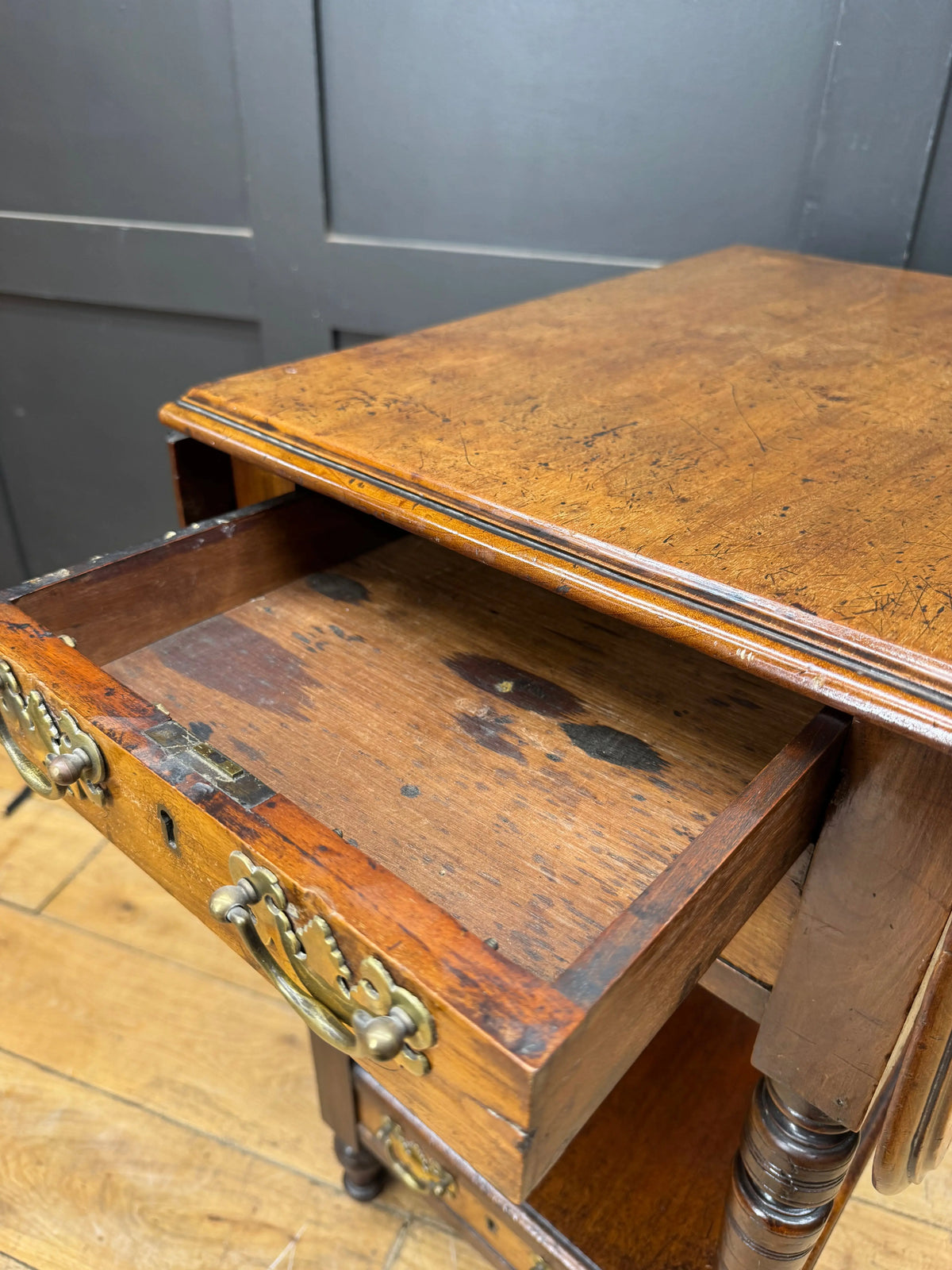 Regency Mahogany and Walnut Drop Leaf Side Lamp Table with Three Drawers
