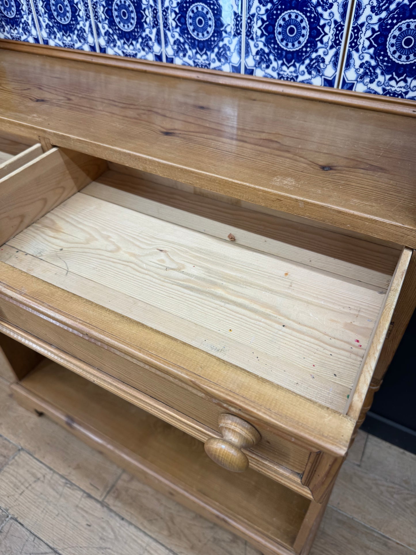 Large Rustic Pine Wine Rack Kitchen Dresser Cabinet with Blue Delft Tiles