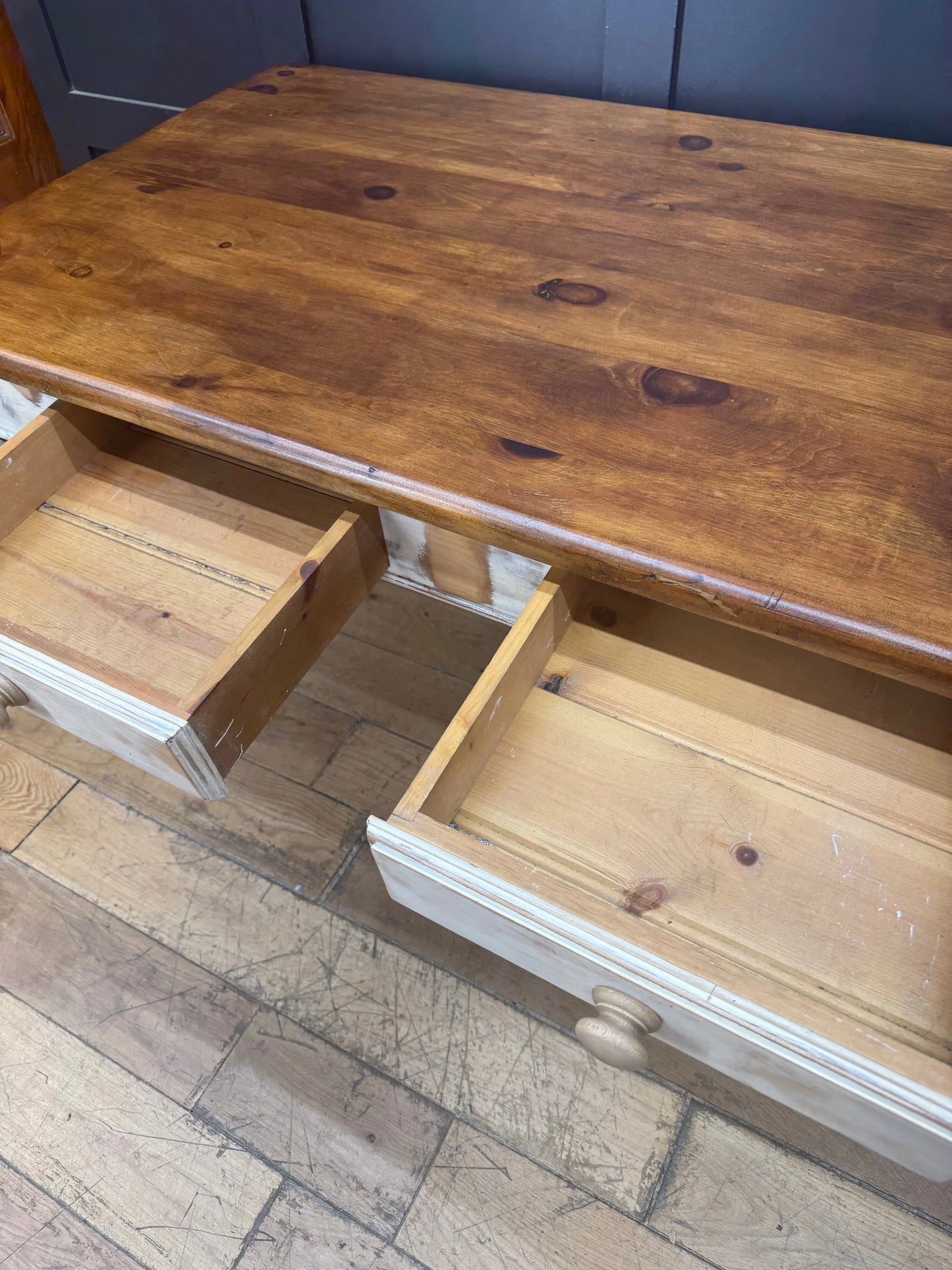 Vintage Solid Pine Farmhouse Kitchen Dining Table 2 Drawer Desk
