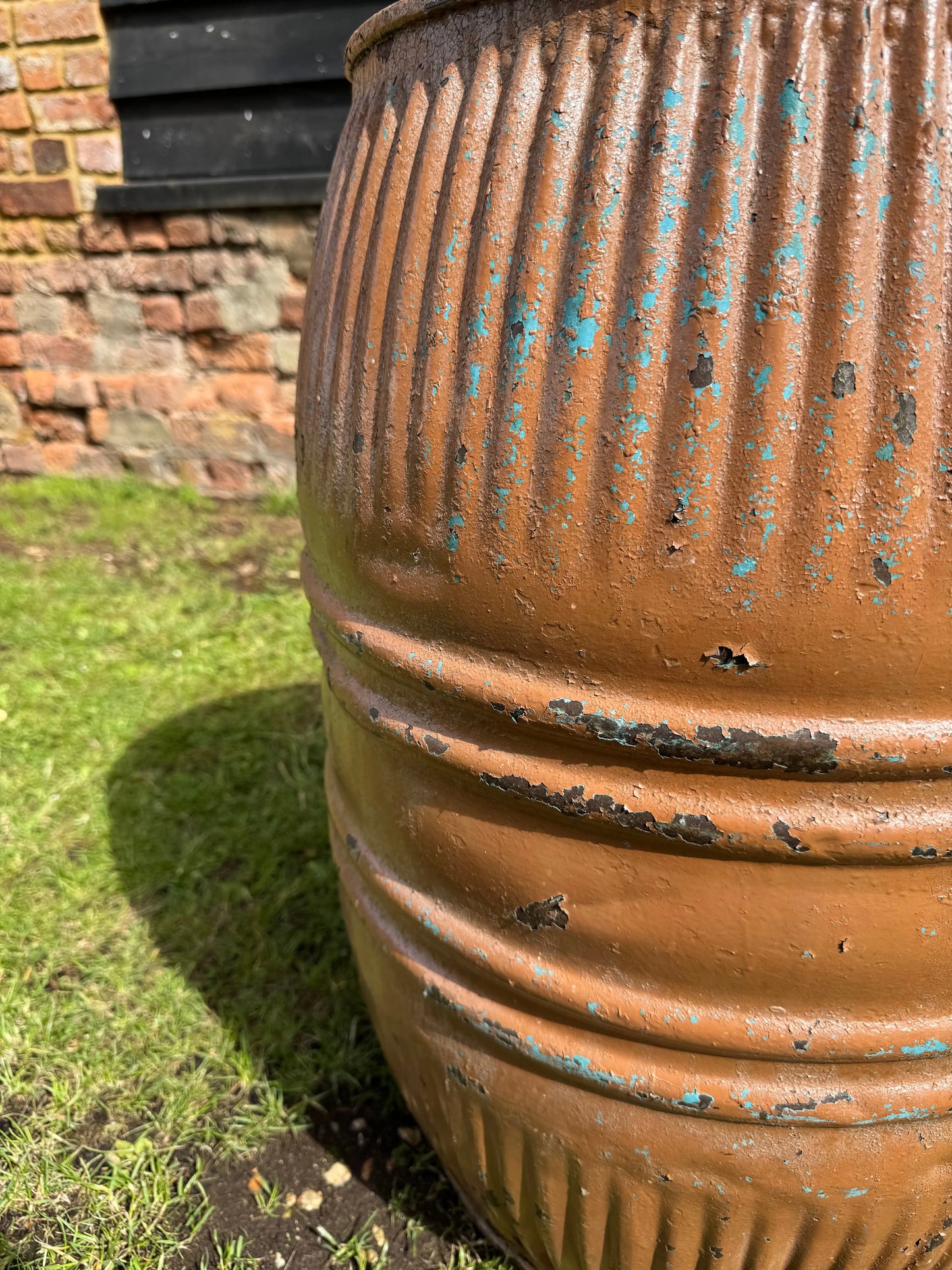 Vintage Ribbed Metal Barrel Garden Planter Painted Industrial Garden Pot