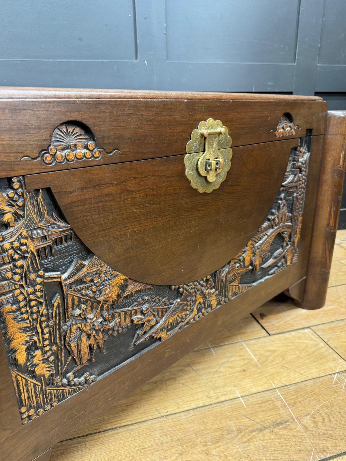 Mid-Century Chinese Carved Camphorwood Blanket Chest Trunk Box Coffee Table