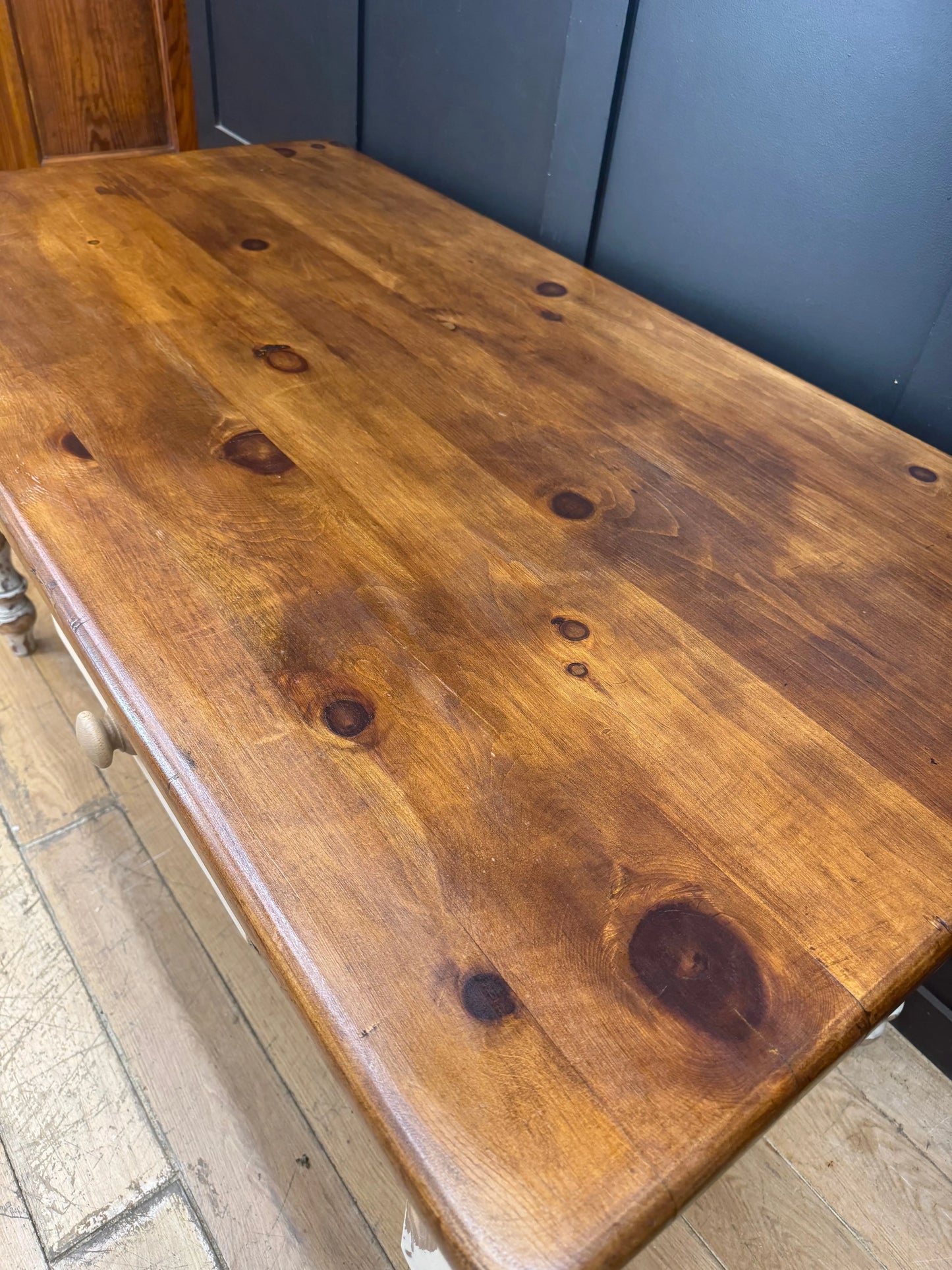 Vintage Solid Pine Farmhouse Kitchen Dining Table 2 Drawer Desk