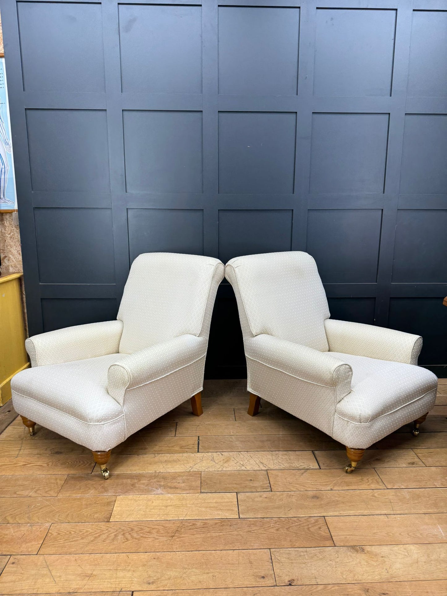Pair of Contemporary Cream Upholstered Armchairs – Brass Castors /Lounge Chairs