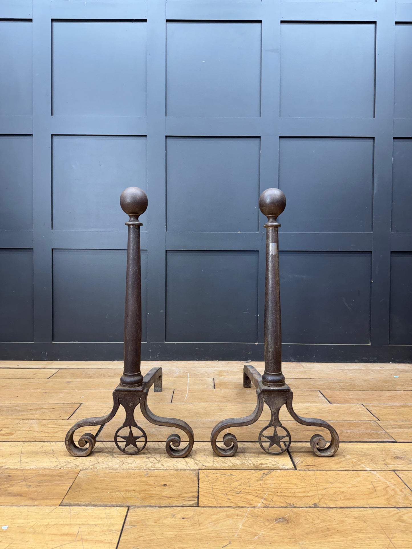 Large Pair Antique Cast Iron Fire Dogs Andirons Fireplace Scroll Supports c1900