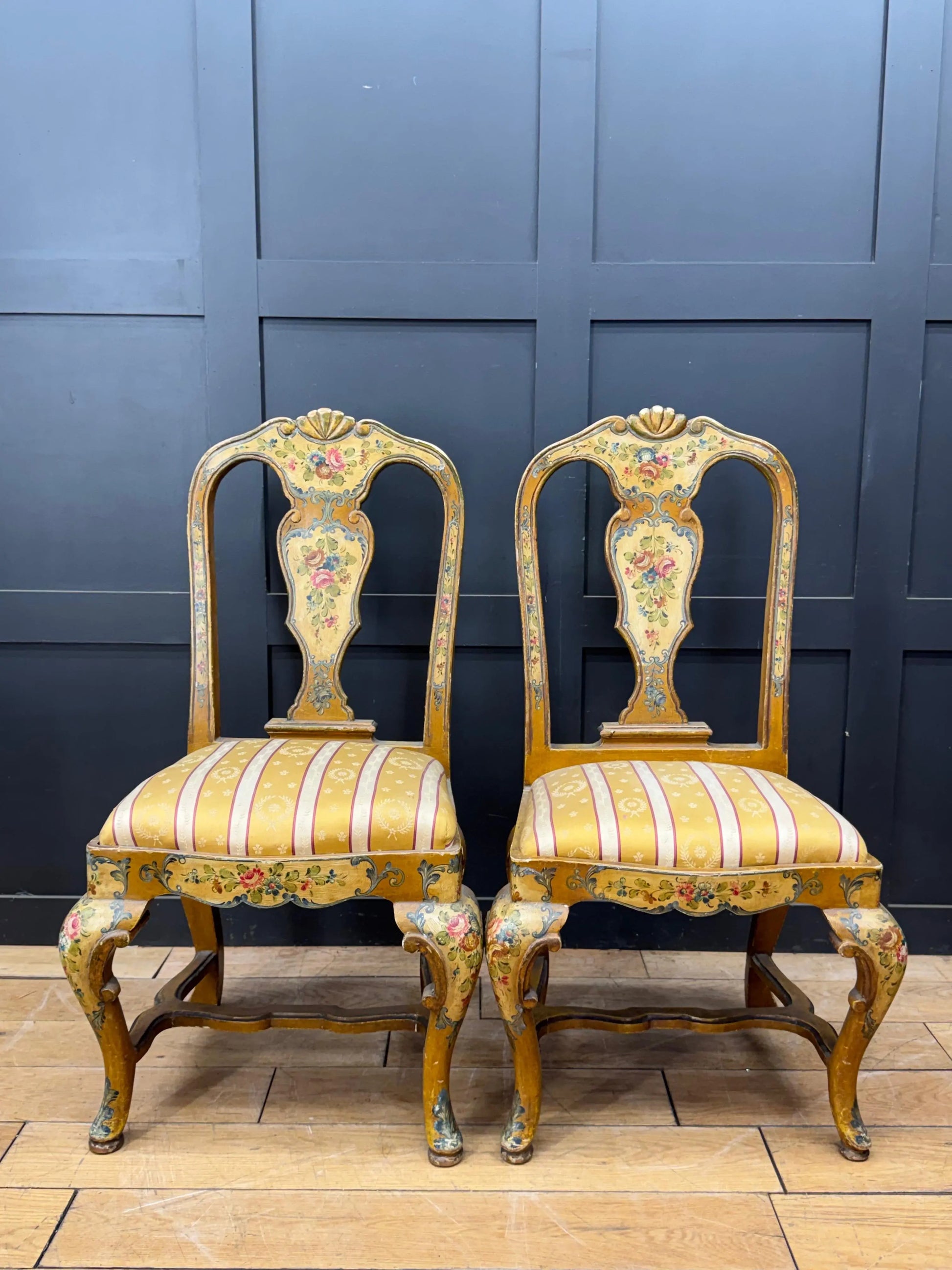 Antique Pair Italian Polychrome Painted Dining Chairs Accent Chairs Venetian RUSTIC WAREHOUSE NORFOLK