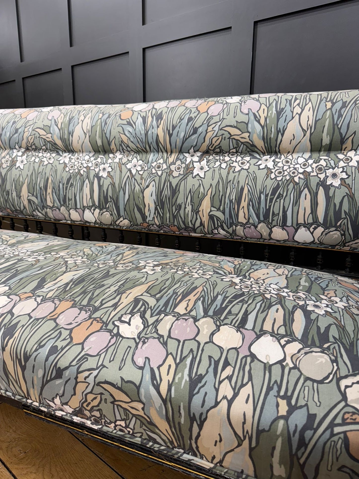 Antique Ebonised Arts & Crafts Settee – Inlaid Frame Vintage Sofa Couch