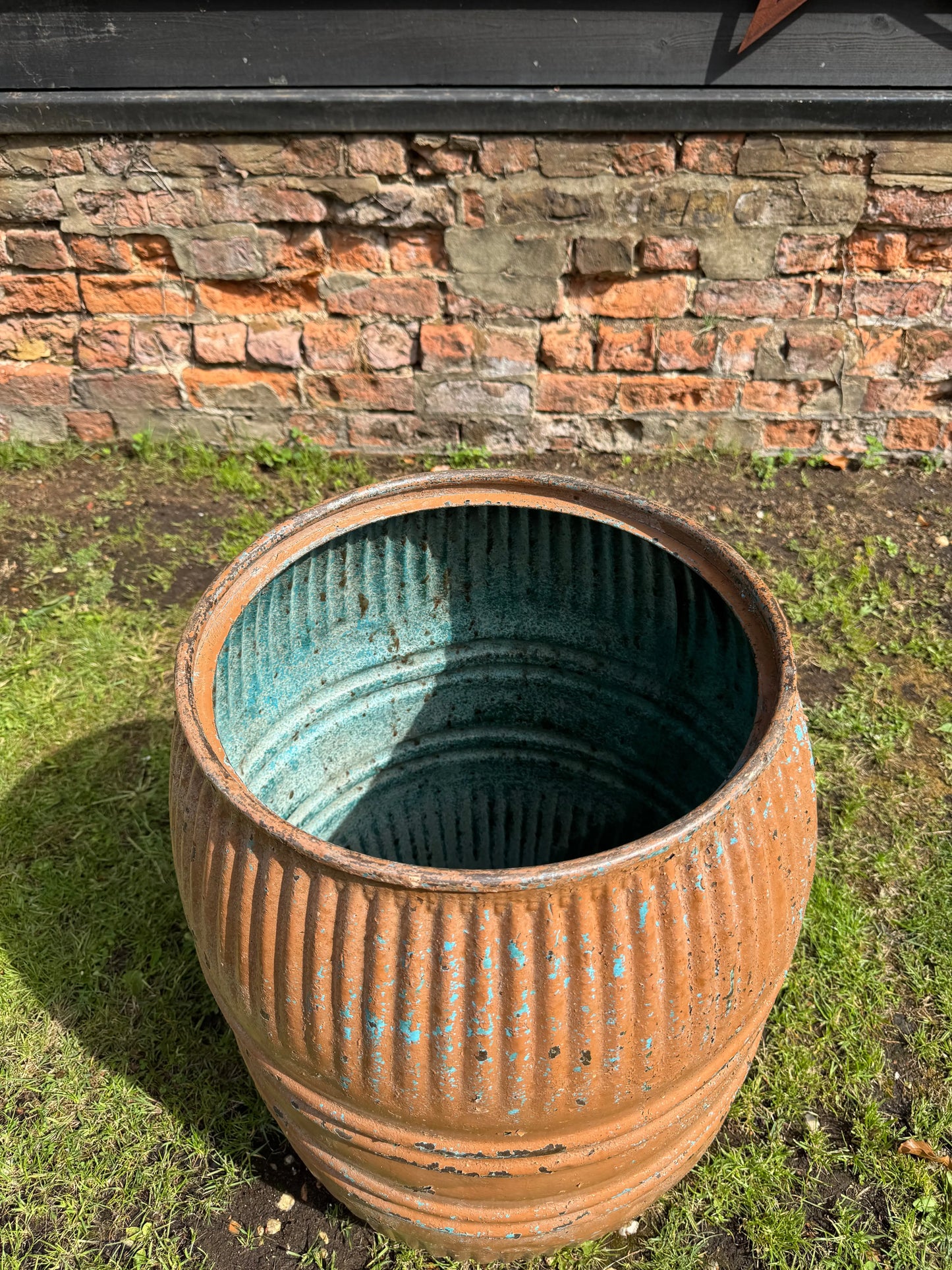 Vintage Ribbed Metal Barrel Garden Planter Painted Industrial Garden Pot