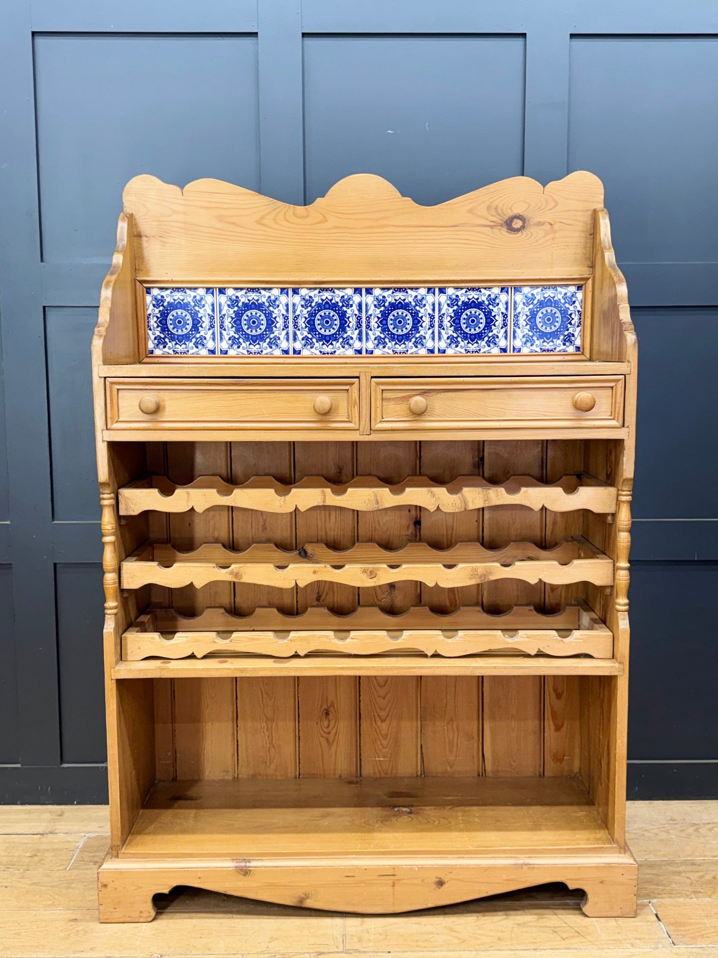 Large Rustic Pine Wine Rack Kitchen Dresser Cabinet with Blue Delft Tiles
