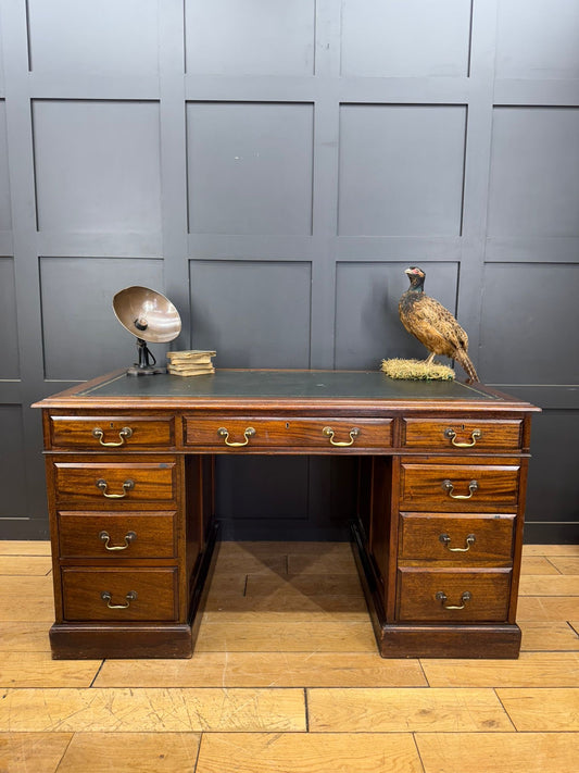 Antique Mahogany Pedestal Desk 9 Drawer Leather Top Office Writing Table