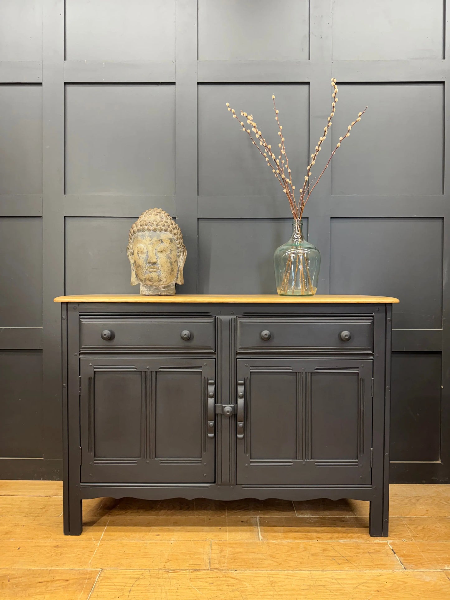 Vintage Ercol Painted Sideboard Black Storage Cabinet Cupboard Drawers Natural Top