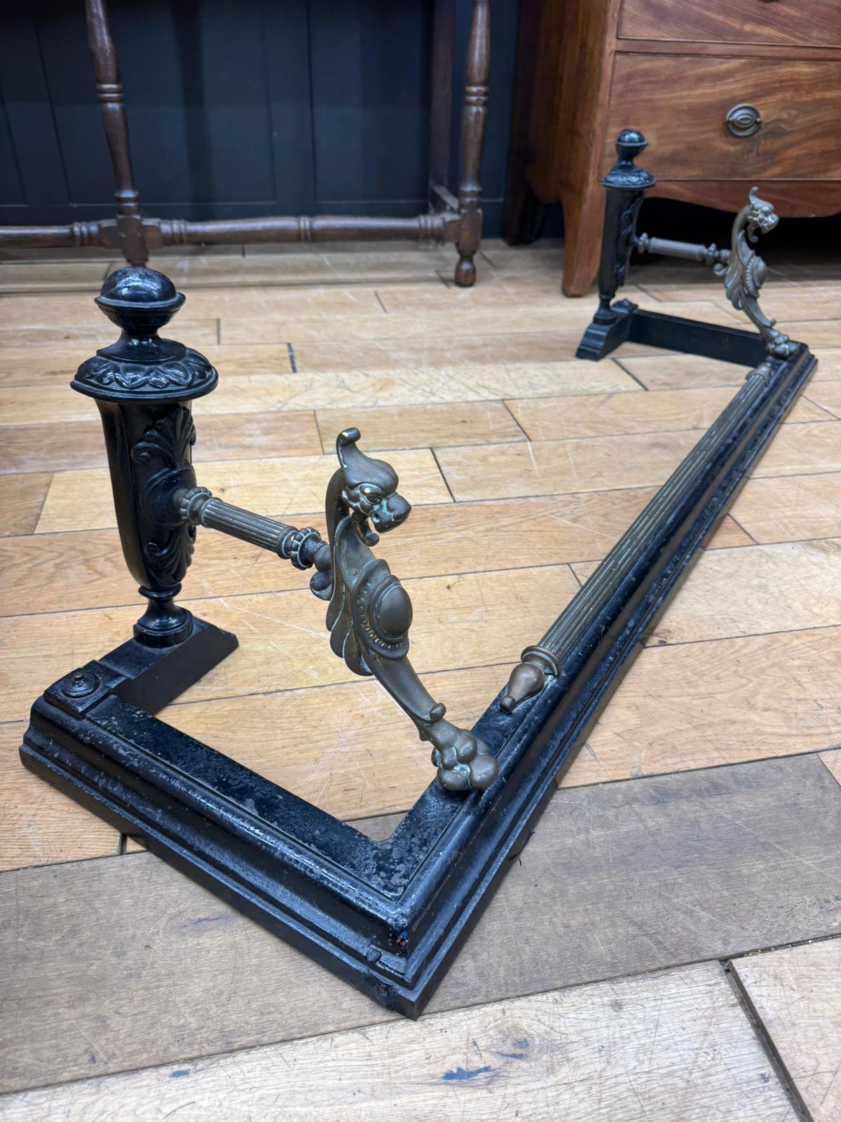 Antique Fireplace Fender – Iron & Brass Griffin Ends Victorian Hearth Guard