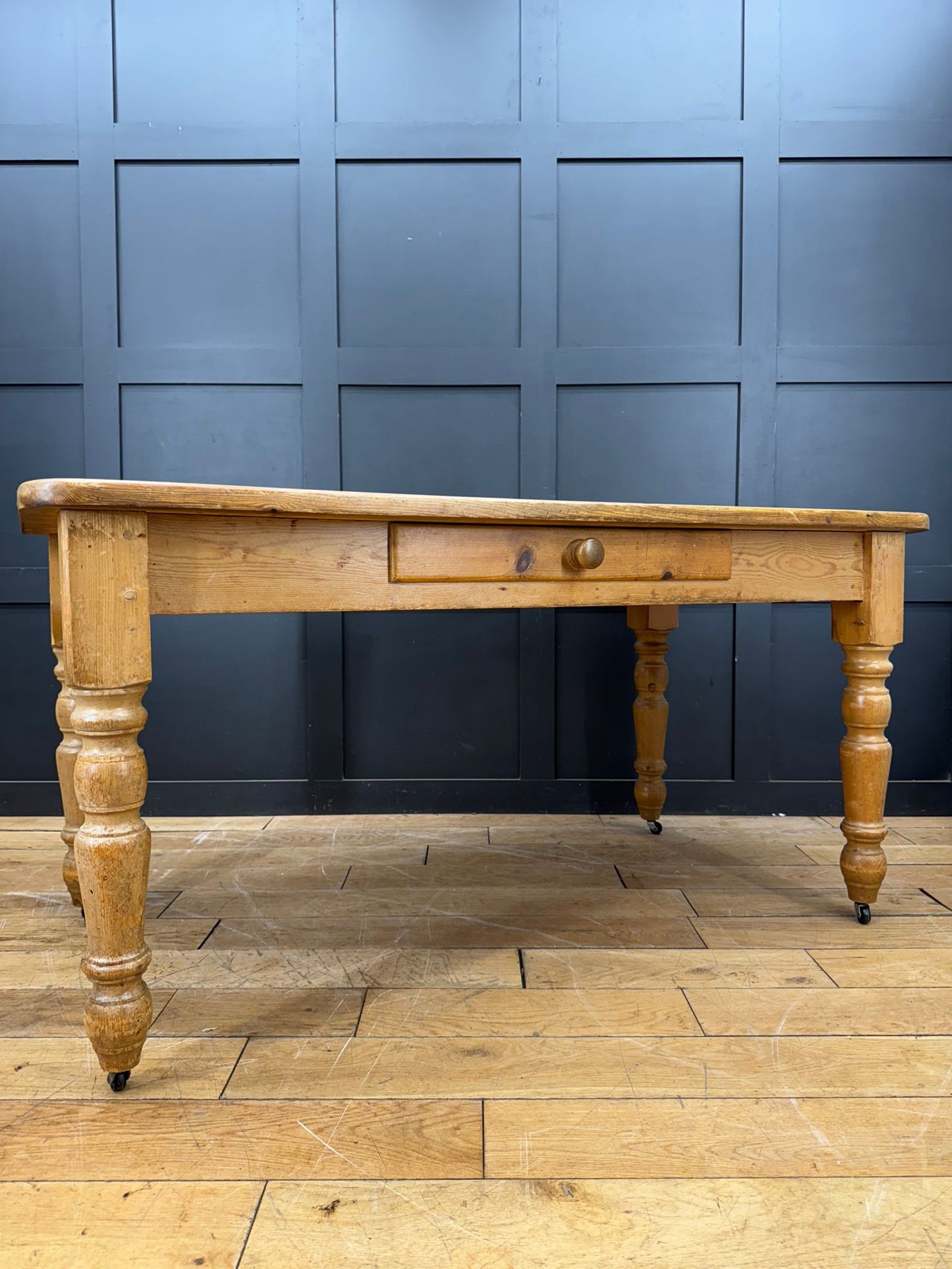 Vintage Pine Farmhouse Kitchen Table Turned Legs Drawer Rustic Dining