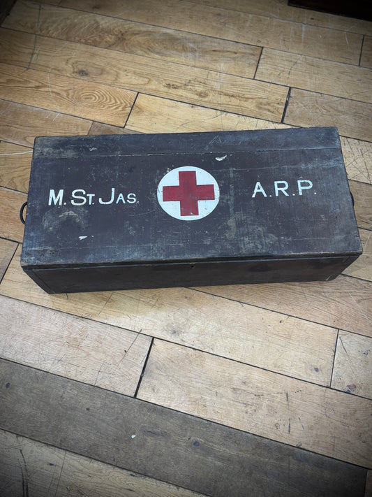 WWII ARP First Aid Box. Civil Defence Medical Case. Vintage Red Cross Wooden Storage Box. Wartime Memorabilia. Militaria Collectible UK
