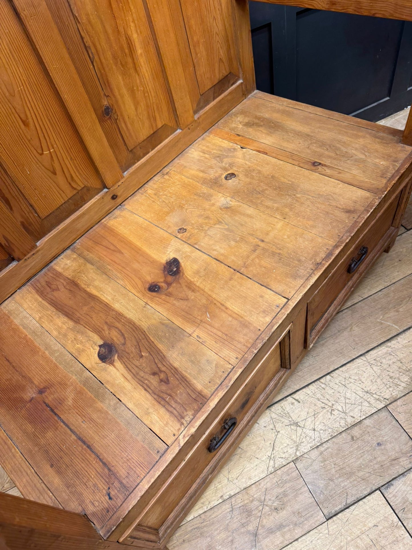 Vintage Pine Monks Bench / Rustic Settle Bench with Storage Drawers