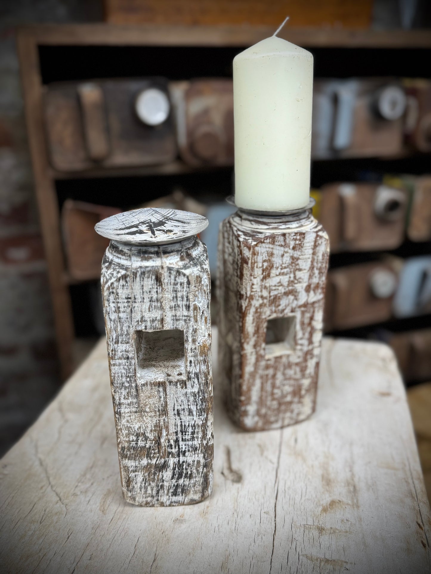 Pair Of Rustic Wooden Candle Holders / Large Church Candle Candlesticks /D