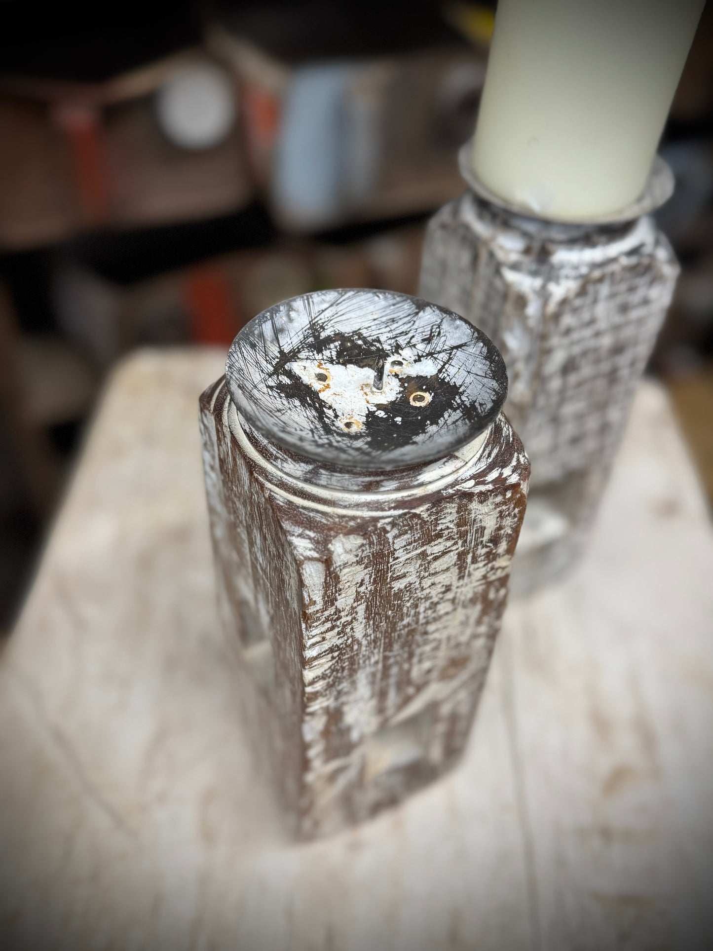 Pair Of Rustic Wooden Candle Holders / Large Church Candle Candlesticks /D