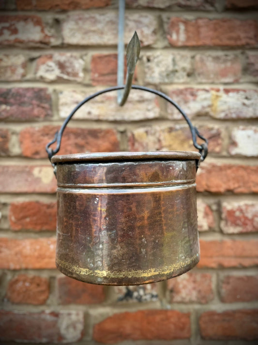 Antique Copper Cauldron Pot with Riveted Iron Handle & Dovetail Planter Pot  B