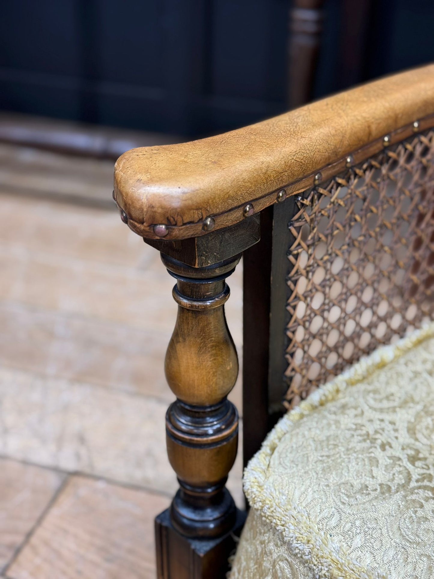 Antique Leather Cane Child’s Chair – Woven Seat Vintage Wooden Armchair