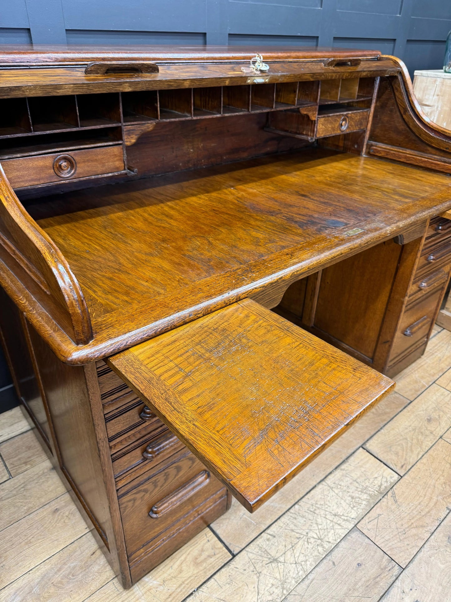 Edwardian Oak Roll Top Pedestal Desk Writing Desk With Fitted Interior RUSTIC WAREHOUSE NORFOLK