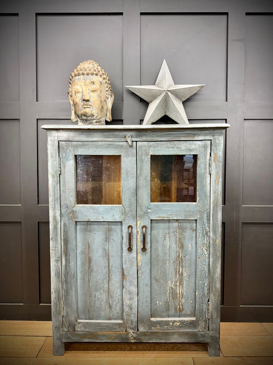 Vintage Blue Glazed Cabinet / Painted Bookcase Cupboard Display Cabinet A