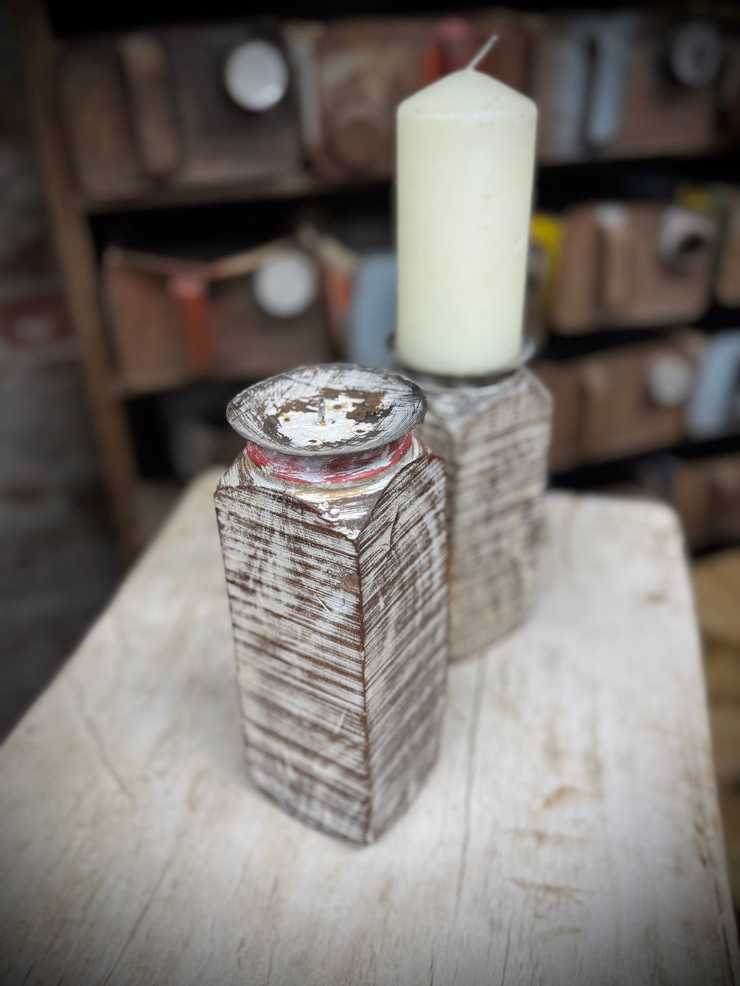 Pair Of Rustic Wooden Candle Holders / Large Church Candle Candlesticks /C