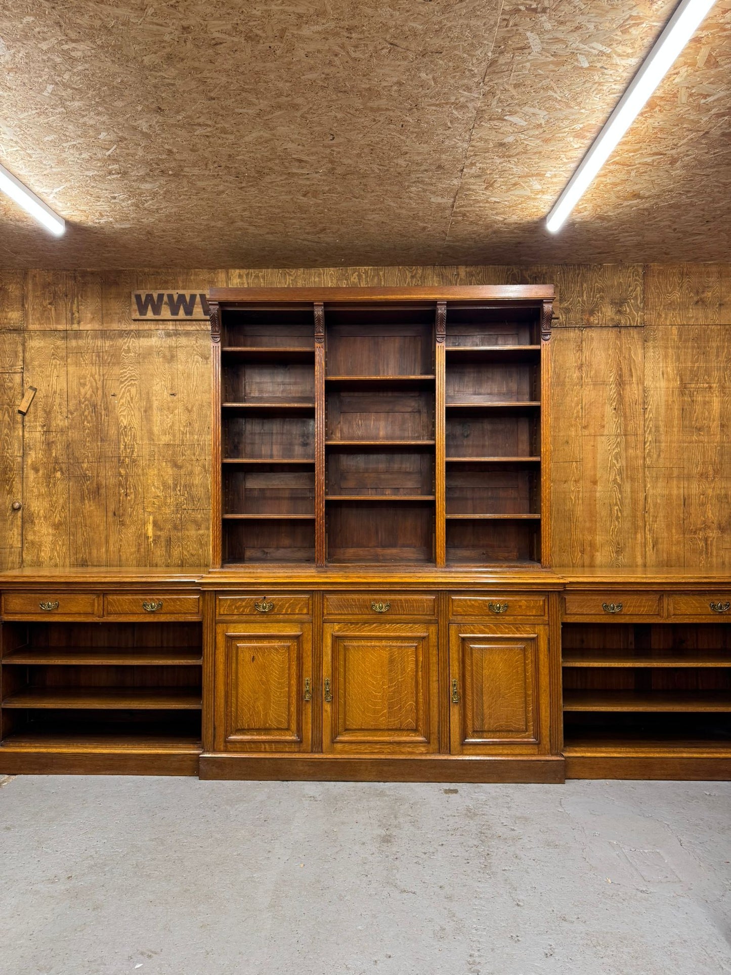 Victorian Solid Oak Breakfront Library Bookcase, TV Stand, Sideboard Display
