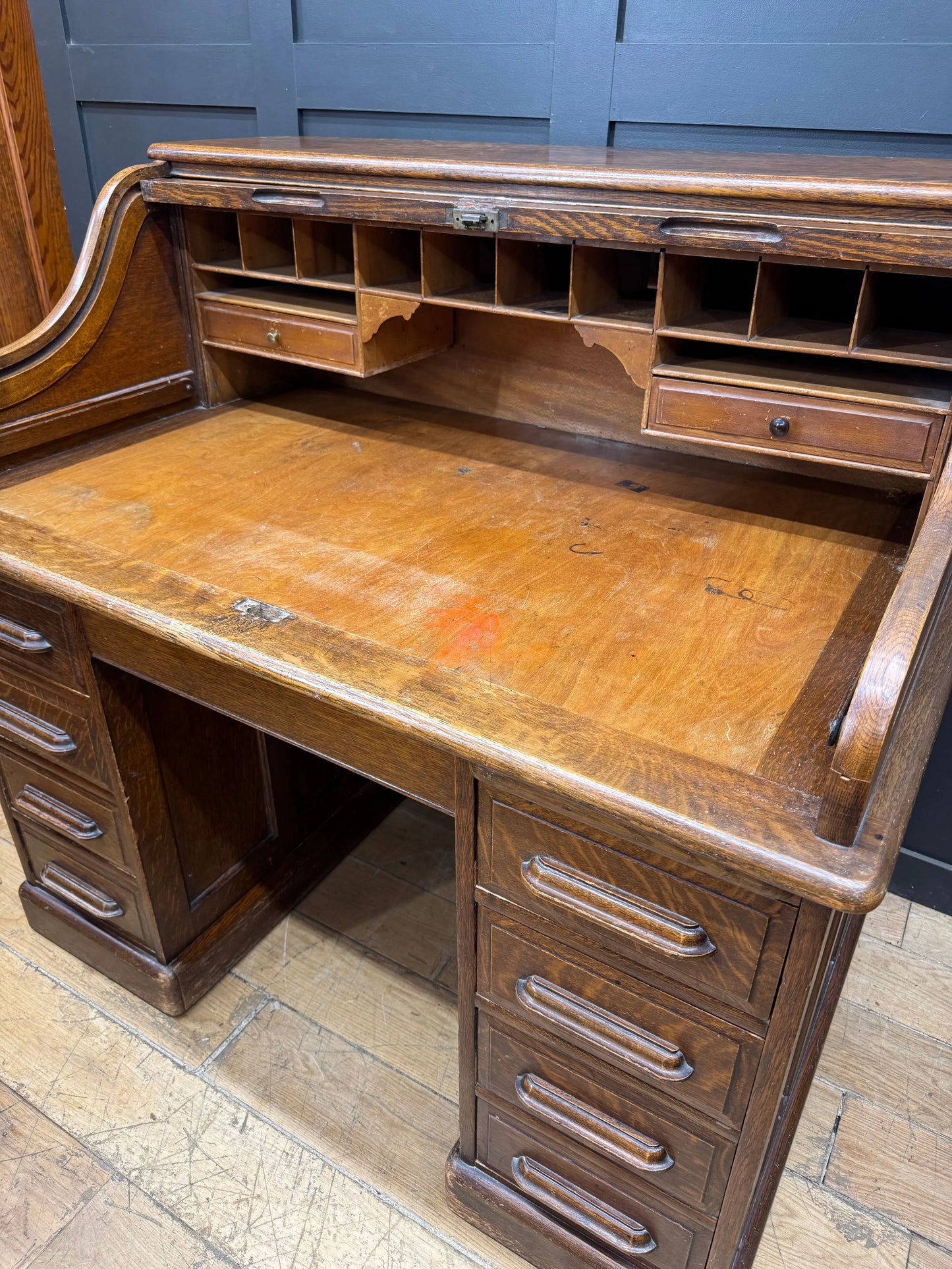 Antique Oak Roll Top Desk Office Furniture Pedestal Tambour c.1900 Edwardian