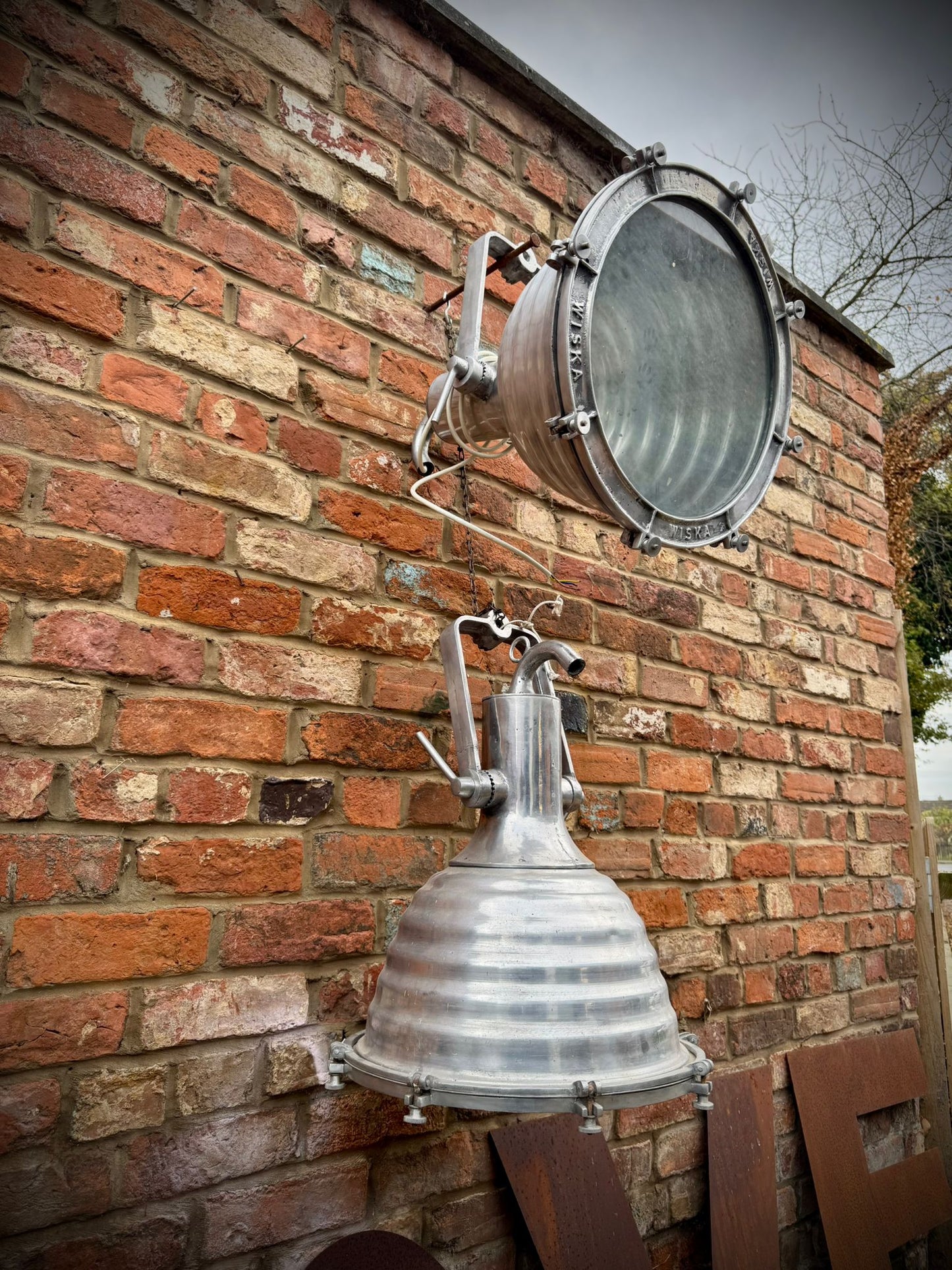 Pair of Vintage WISKA Ship Lights – Polished Aluminium Industrial Lamps